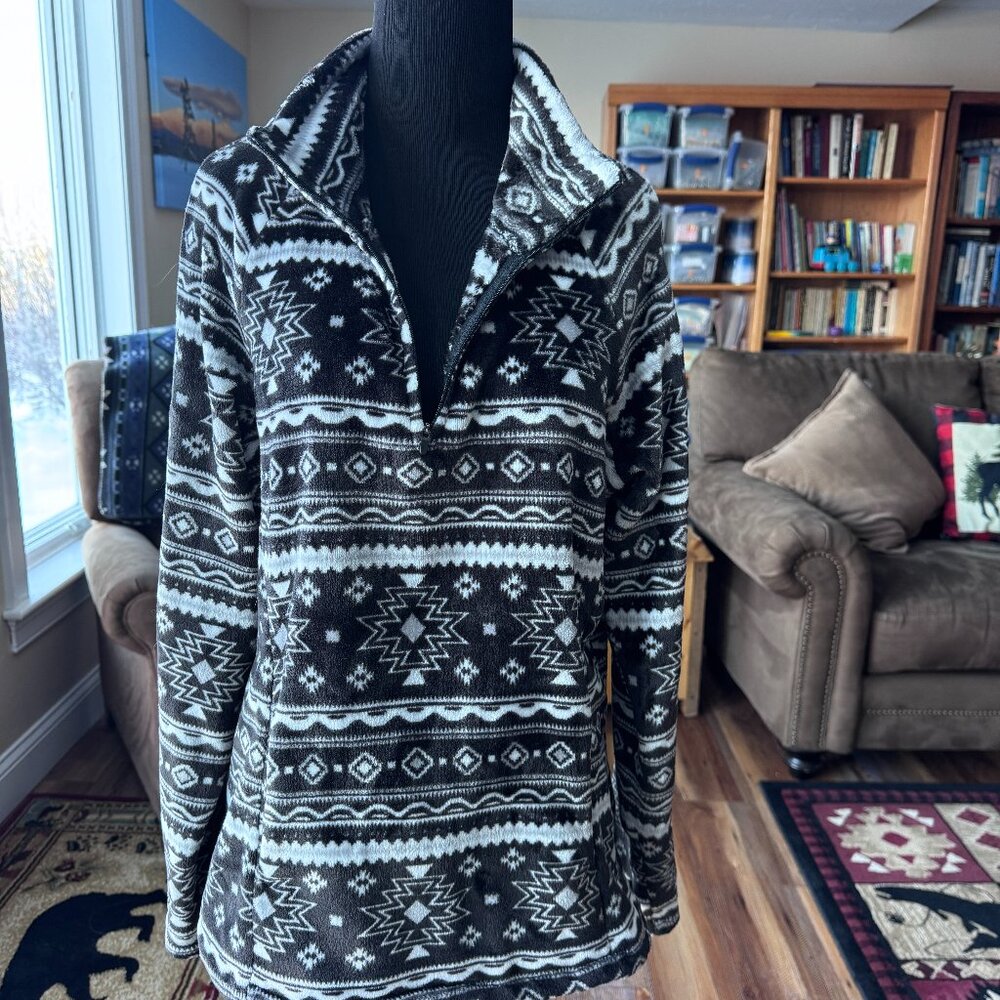 Eddie Bauer Women's Quarter Zip Pullover Top Fleece Black White Gray Size Large
